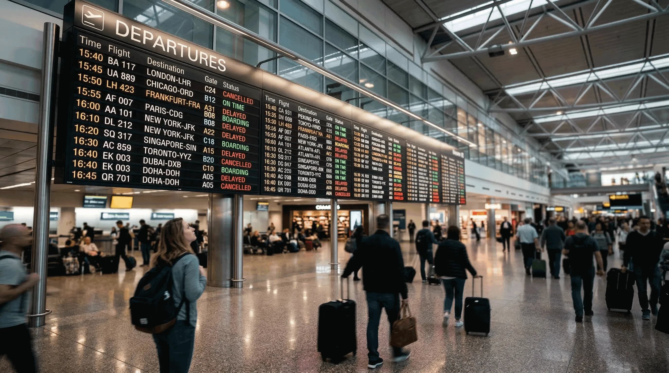 Airplane at airport gate with digital display showing flight delay compensation information